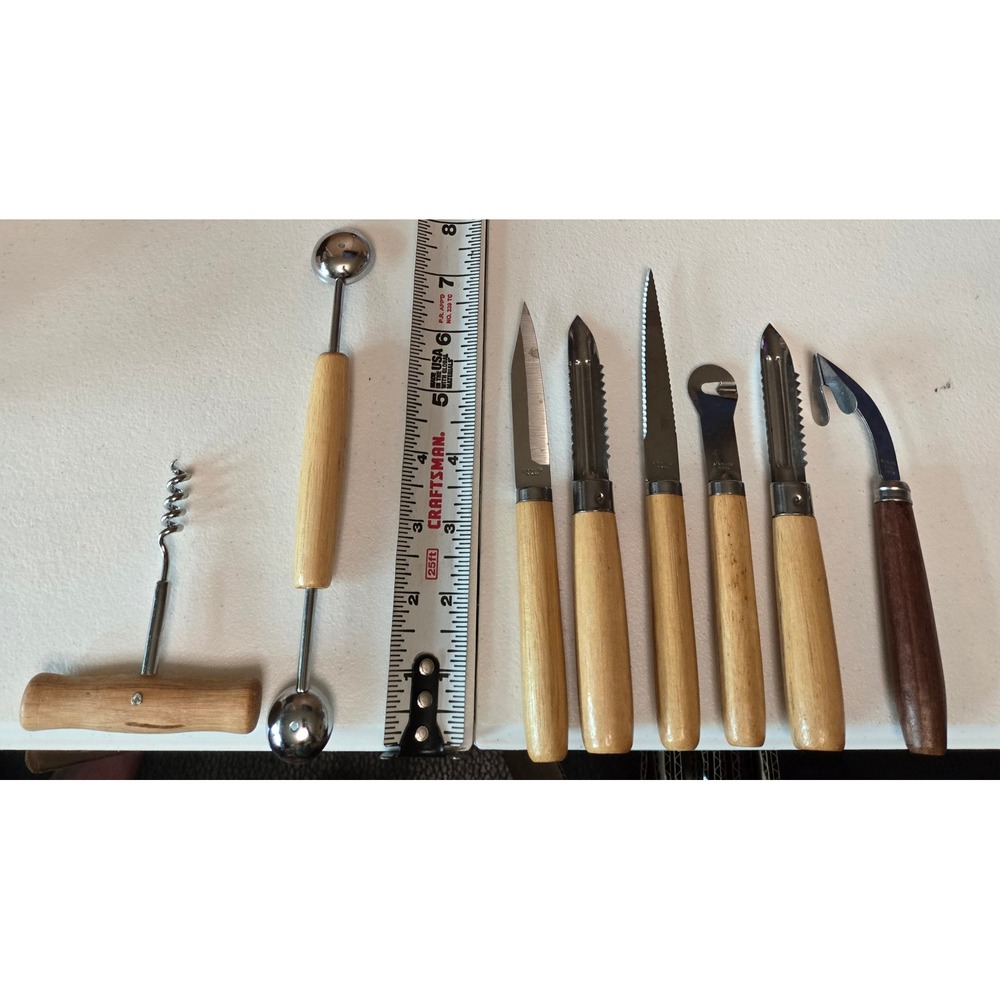 Vintage Wood Handle Kitchen Utensils Lot 8 Taiwan Japan Citrus Melon Corkscrew